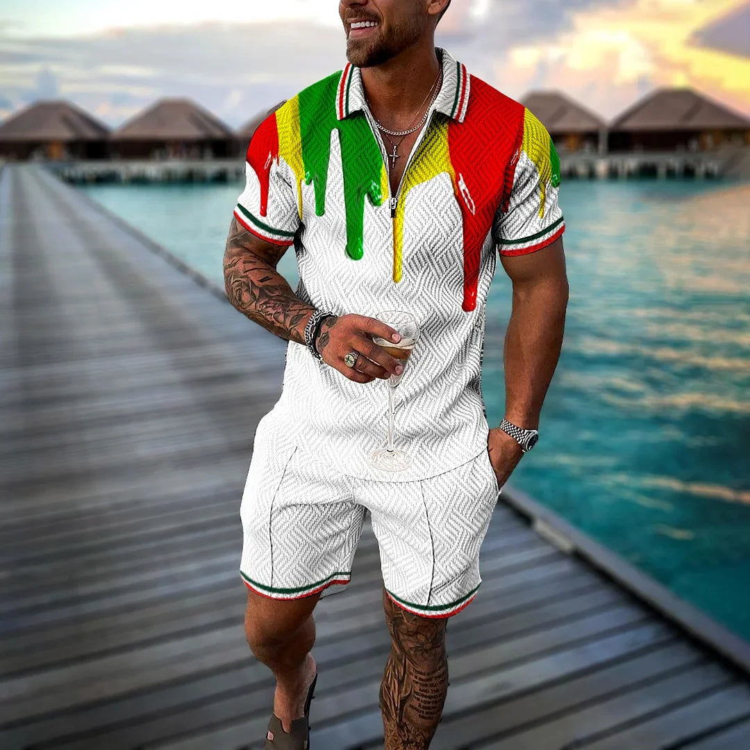 Men Tracksuit Summer New 3D Printed Beach Zipper Polo Shirts Shorts 2 Pcs Sets Boho Geometric Style Holiday Clothing Ropa Hombre