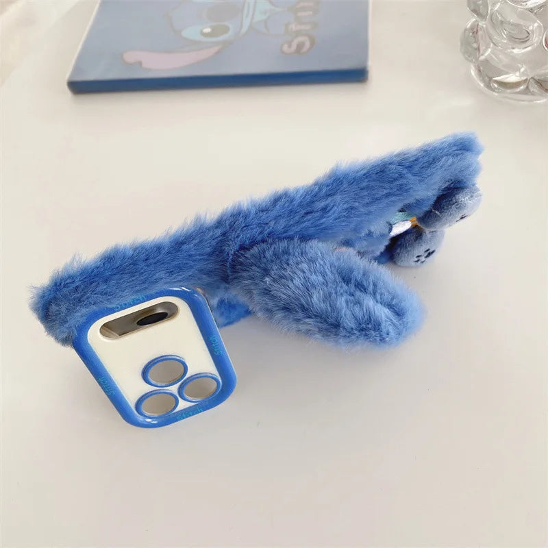 Plush Embroidery Stitch iPhone Case with Stand Furry Ears Cover for iPhone 13 17 Pro Max 16 15 Cute Shockproof Phone Accessories