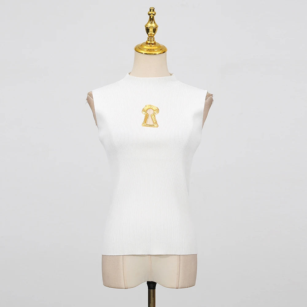 VGH American Casual Spliced Hollow Out Vest for Women Stand Collar Sleeveless Slimming Minimalist Tank Top Female Clothing New