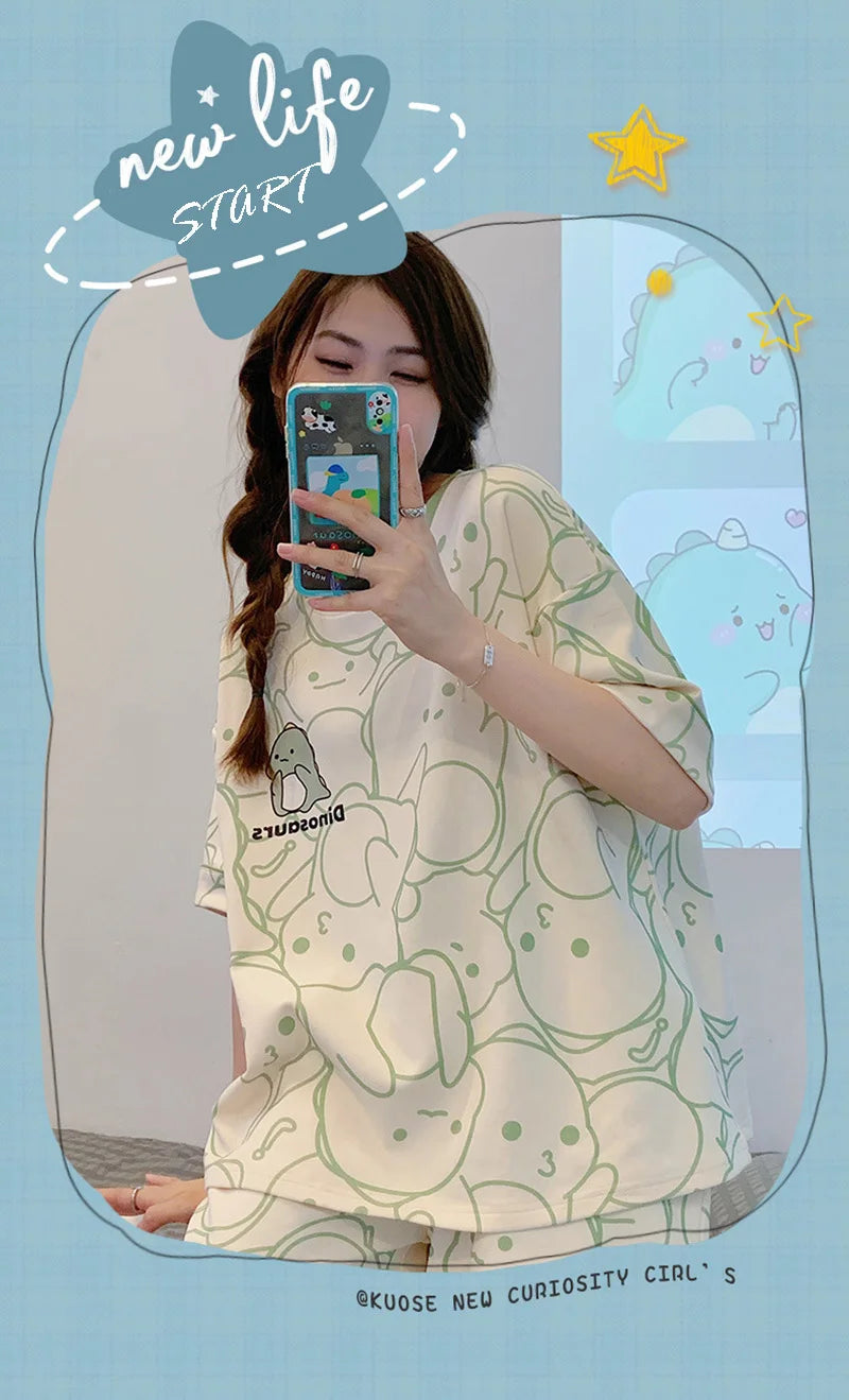 New Women's Pajamas Two-Piece Summer Thin Section Of Short-Sleeved Shorts Cute And Comfortable Milky Outwear Homewear Suit