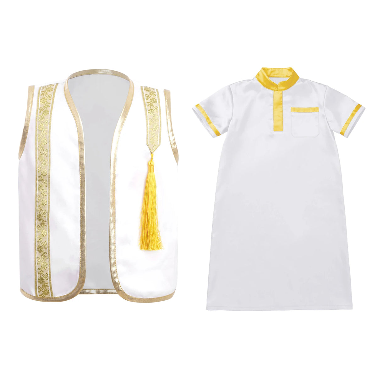 Muslim Baby Boys Robe Ramadan Eid Abaya Set Metallic Trim Arabic Islamic Kaftan Thobe Satin Gown with Open Front Tassel Vest