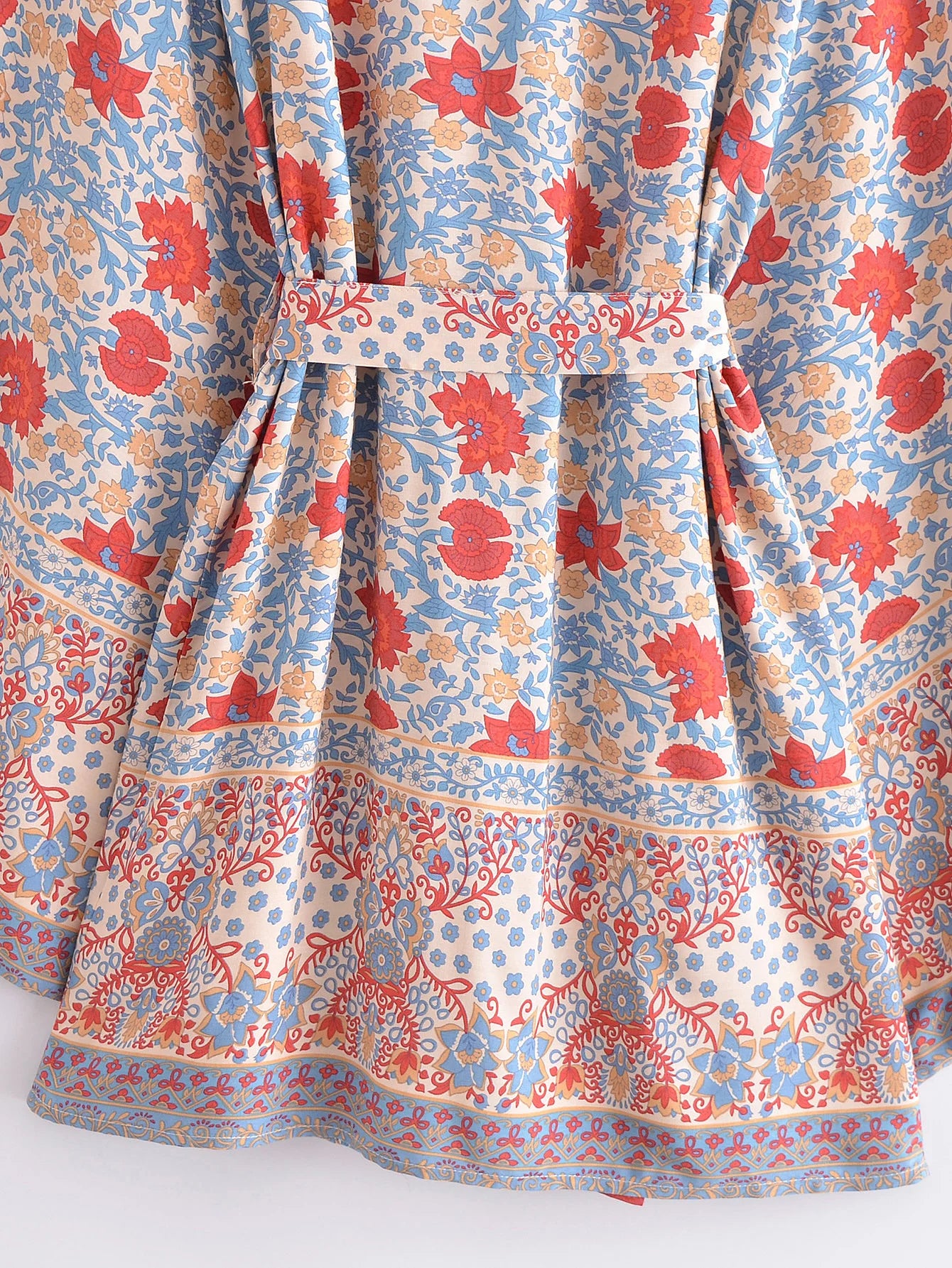 BOHO Women Blue With Pink Flower Print Kimono Shirt Holiday Tide Bow Sashes Mid Long Cardigan Summer Blouse Beach Cape