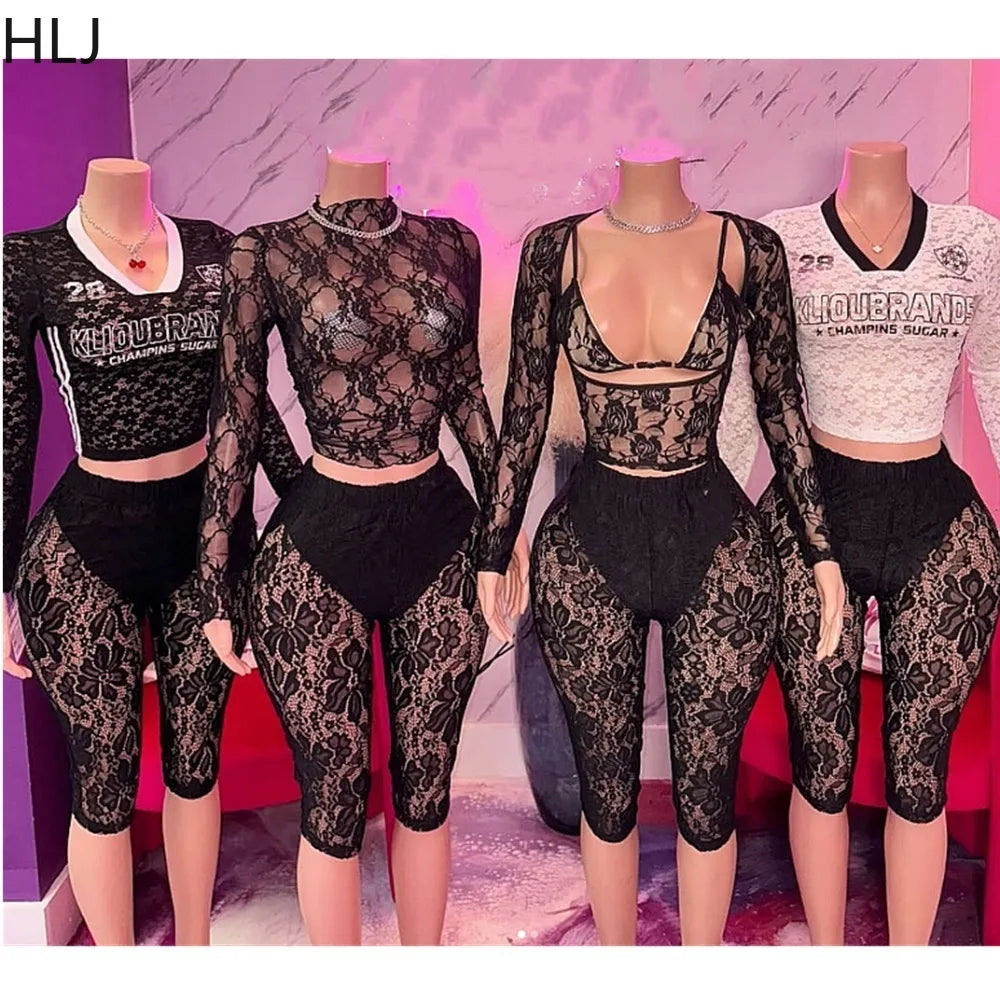 HLJ Y2K Sexy Lace Two Piece Set for Woman Letter Printing See Through Long Sleeve Crop Top + Shorts Suits Female Streetwear New