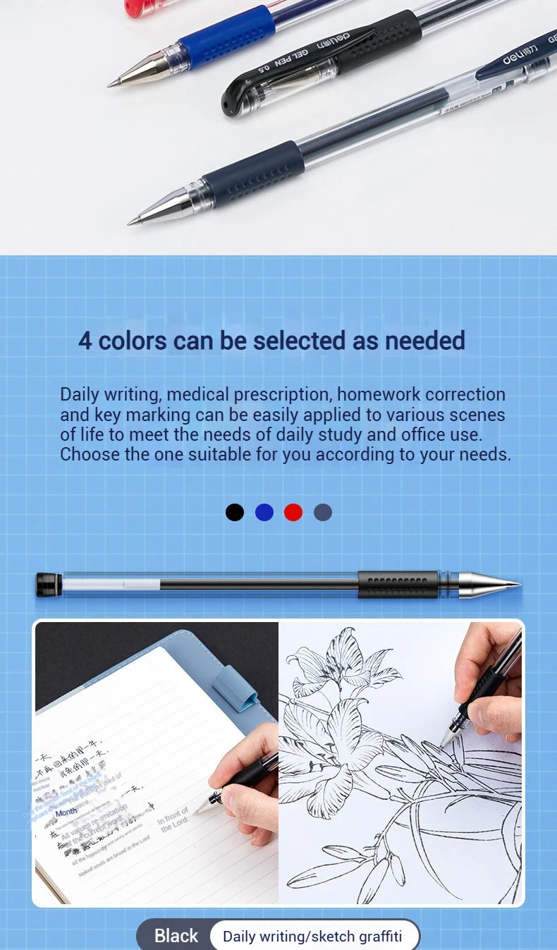 Deli 12-Pack Gel Pen Set 0.5mm Ballpoint Black Blue Red Ink Colors Writing Tools for School Office Stationery Supplies