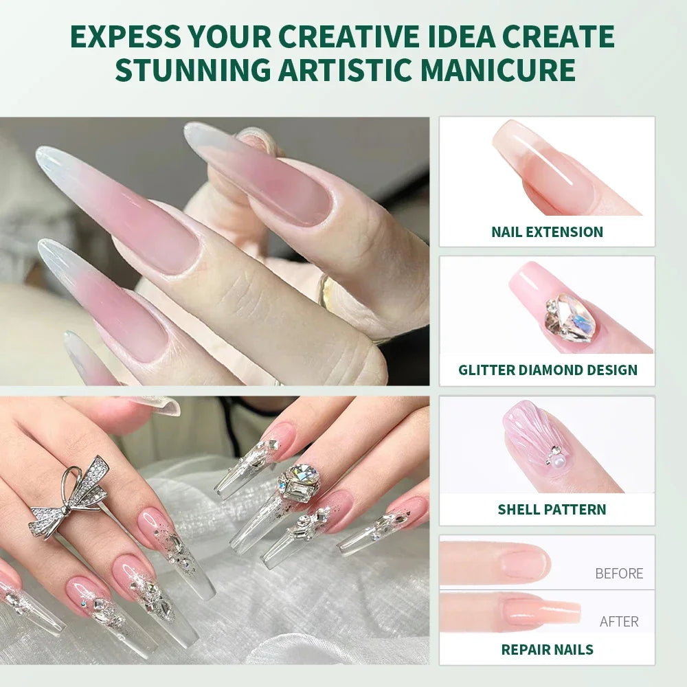 NAILPOP Builder Nail Gel Set 3 Basic Colors Nail Extension Kit Clear Nude Pink Strengthen Gel with Brush 100Pcs Nail Forms DIY
