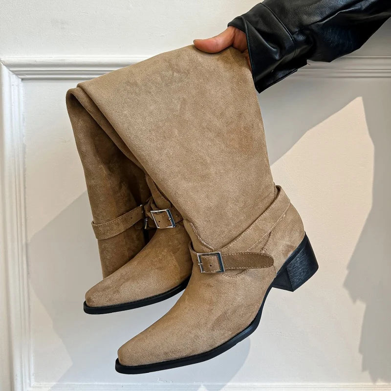 Women's Chelsea Boots 2025 Autumn New Suede High Heel Knee-high Boots Sexy Pointed Designer Elegant Banquet Ladies Gothic Boots