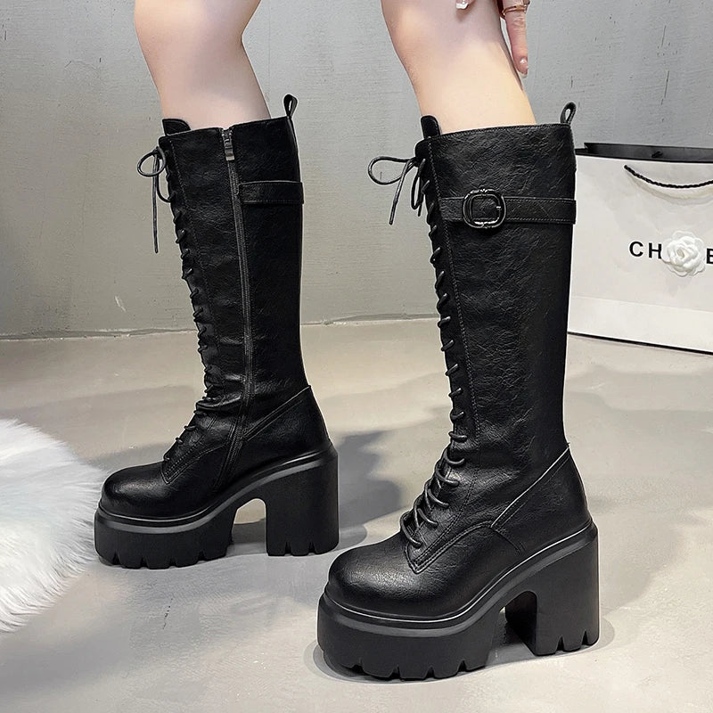 Knee High Women's Boots Lace Up High Heels Shoes Platform Chelsea Boots Winter 2025 Sexy Snow Long Boots Zip Pumps Mujer Botas