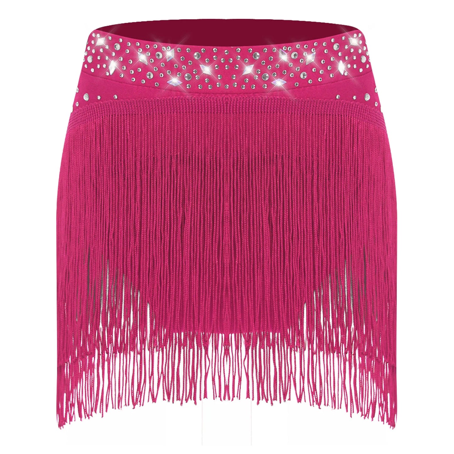 Girls Sparkly Sequins Latin Jazz Tango Dance Skirts Elastic Waistband Fringe Skirt with Safety Shorts Dance Performance Costumes