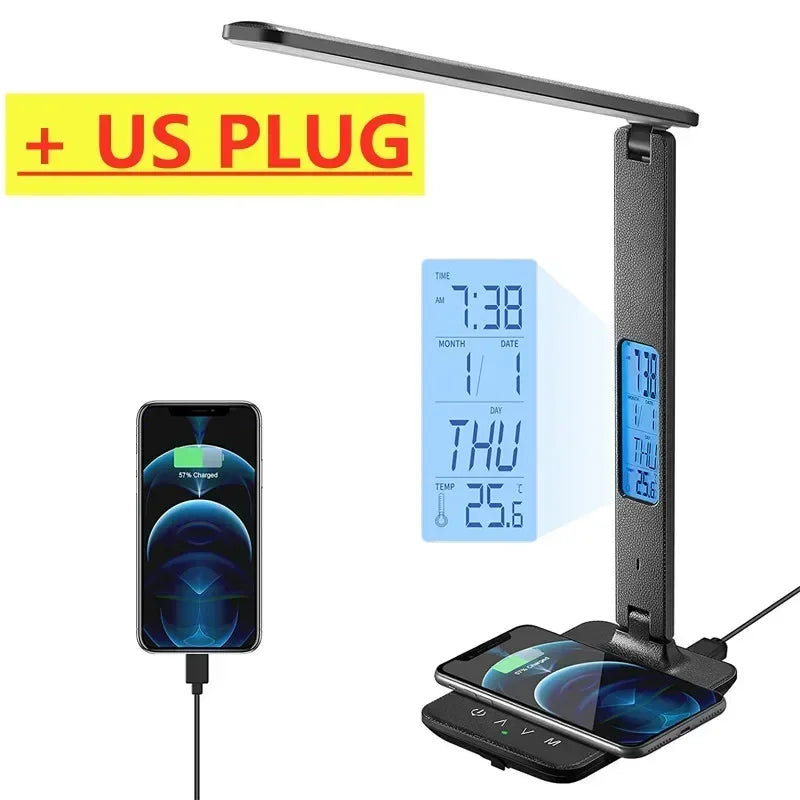 LED Desk Lamp with Wireless Charger USB Charging Port Adjustable Foldable Table Lamp Dimmable Lighting Office Lamp Adapter