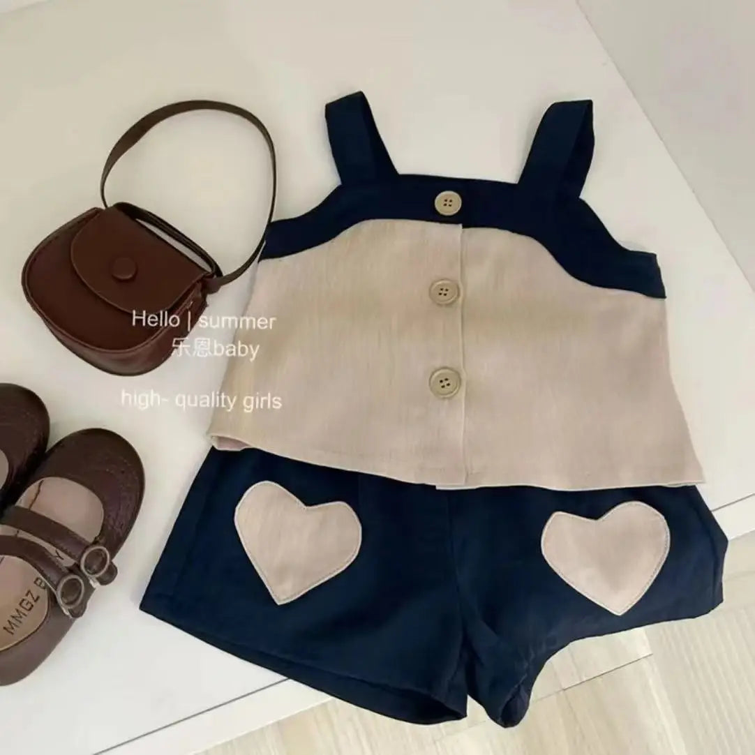 Girls' Summer Clothing Set  2025 New Children's Korean Fashion Square Collar Vest Top + Shorts 2Pcs Set Kids Girls Clothes 1-6Y