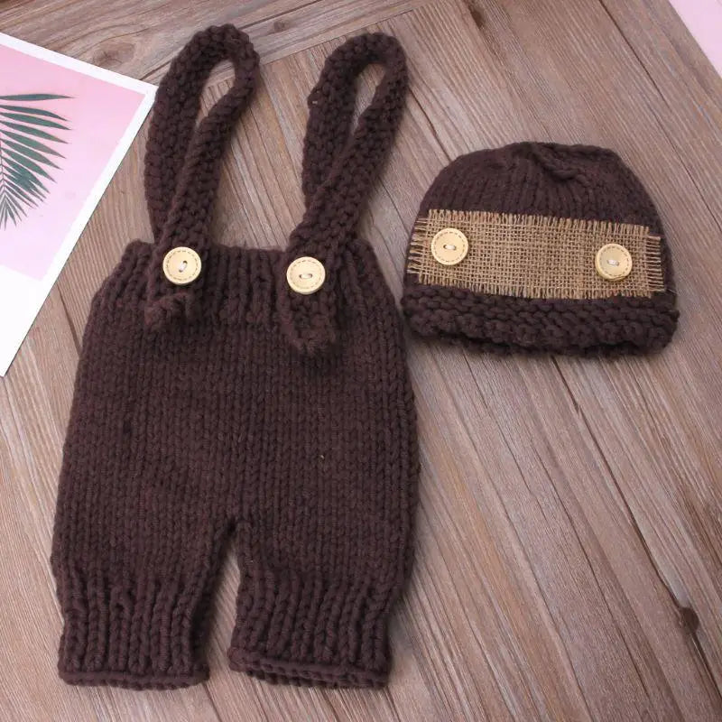 Q1FE Baby Hat Crochet Overalls Costume for Photo Retro Baby Photo Props