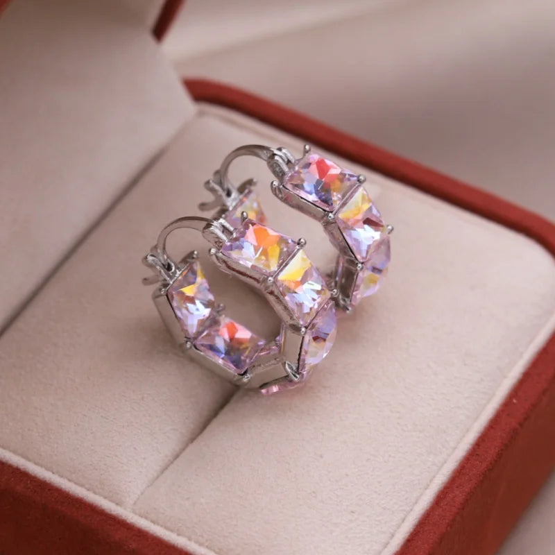 2025 Korean new design fashion jewelry luxury square blue crystal hoop earrings elegant women's daily work accessories