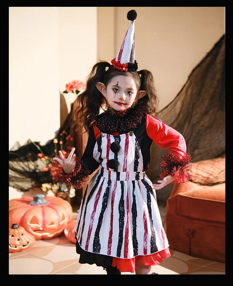 Halloween Cosplay Costumes Horror Clown Dresses Pants Headwear Clothes Sets Carnival Theme Party Role Playing Outfits for Girls