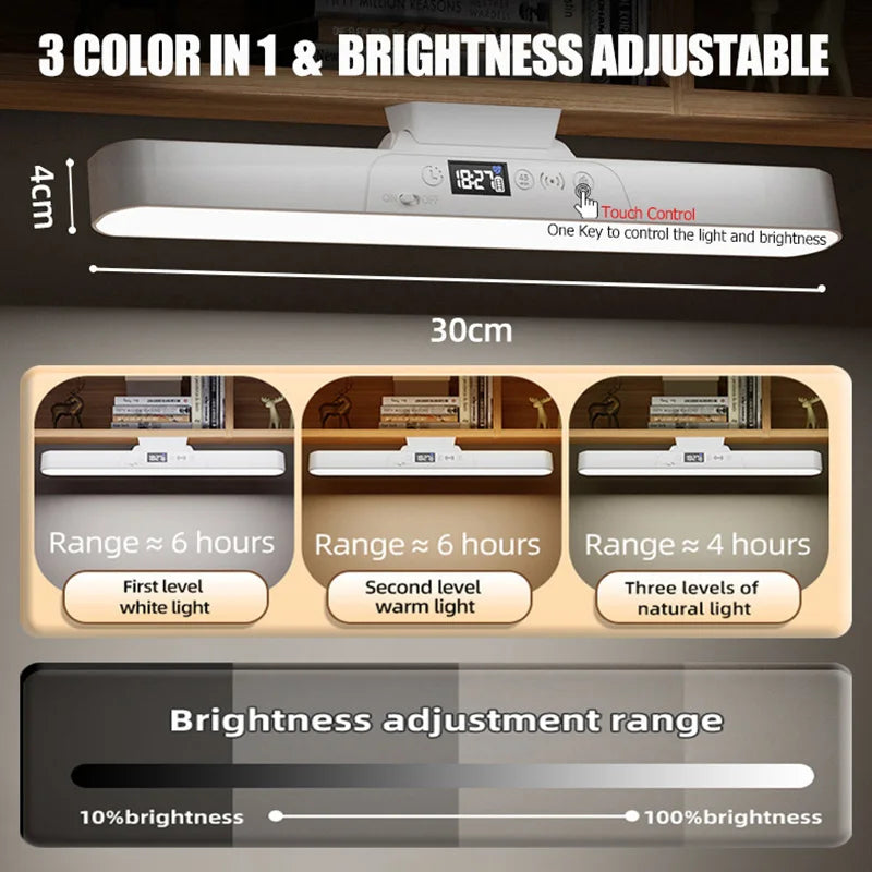 Eye-care Magnetic Desk Lamp USB Rechargeable LED Night Light Battery Status & Time Display Reading Light Table Lamp for Kitchen