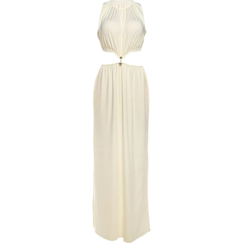 Sisterlinda Metal Patchwork Waistless Long Dresses Women o-Neck Sleeveless Summer Vacation Y2K Style Ruched Elegant Vestidos