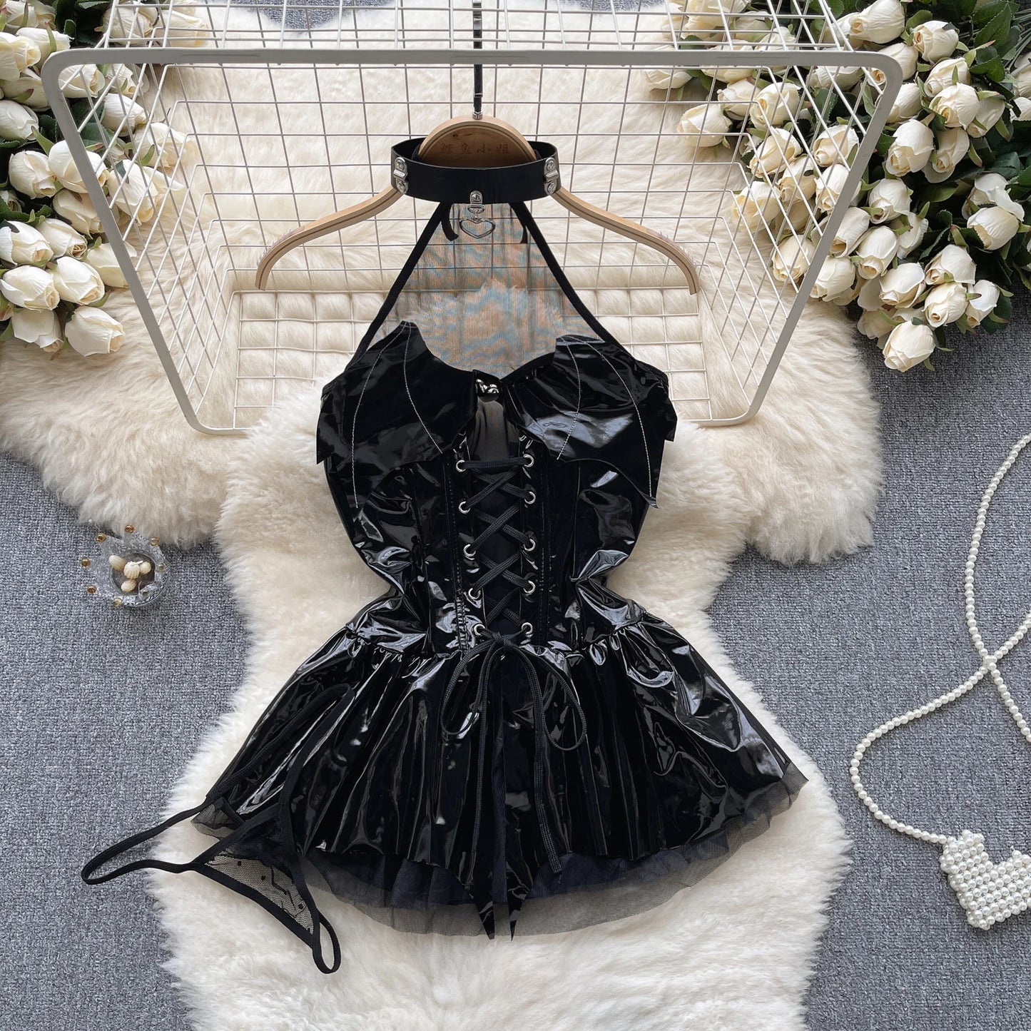 SINGREINY Women Pu Leather Sensual Dress Halter Lace Up A Line Sexy Nightdress+Thongs Sheer Backless Mini Porn Nightwear