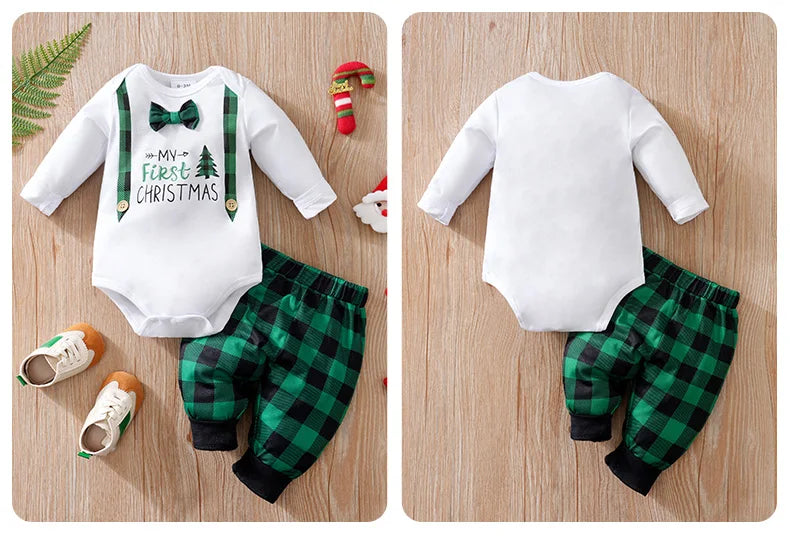 Christmas Newborn Baby sets 2pcs Autumn Green checkered print Gentleman's bow tie long-sleeved Unisex Fashion Baby clothes