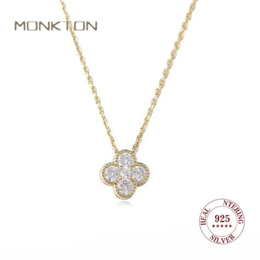 Monkton 100% s925 Sterling Silver Minimalist Four-leaf Clover Necklace Pendant Chain Delicate Women Valentiens Gifts