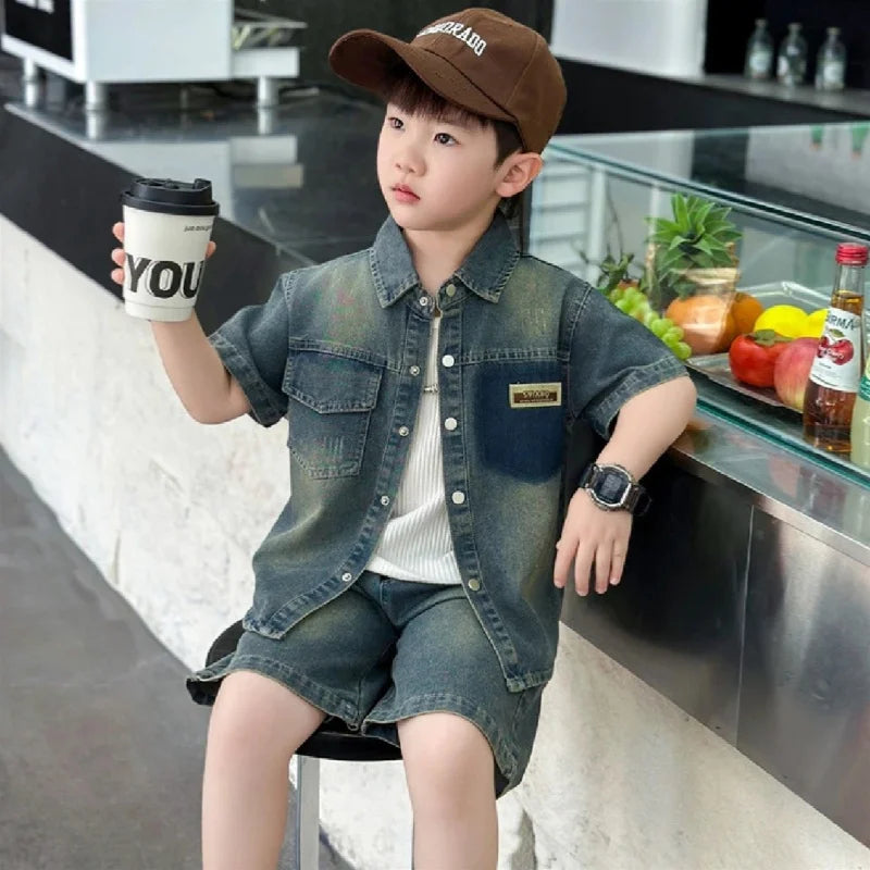 2025 Trendy Boys' Denim Set Vintage Wash Short Sleeve Shirt & Shorts 2-Piece Summer Outfit