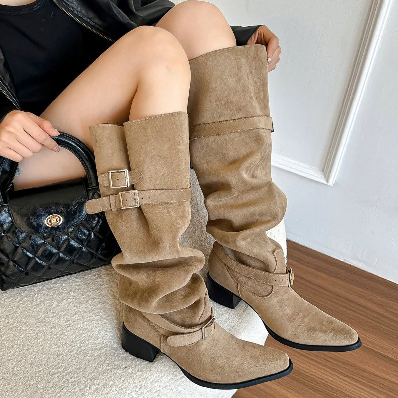 Women's Chelsea Boots 2025 Autumn New Suede High Heel Knee-high Boots Sexy Pointed Designer Elegant Banquet Ladies Gothic Boots