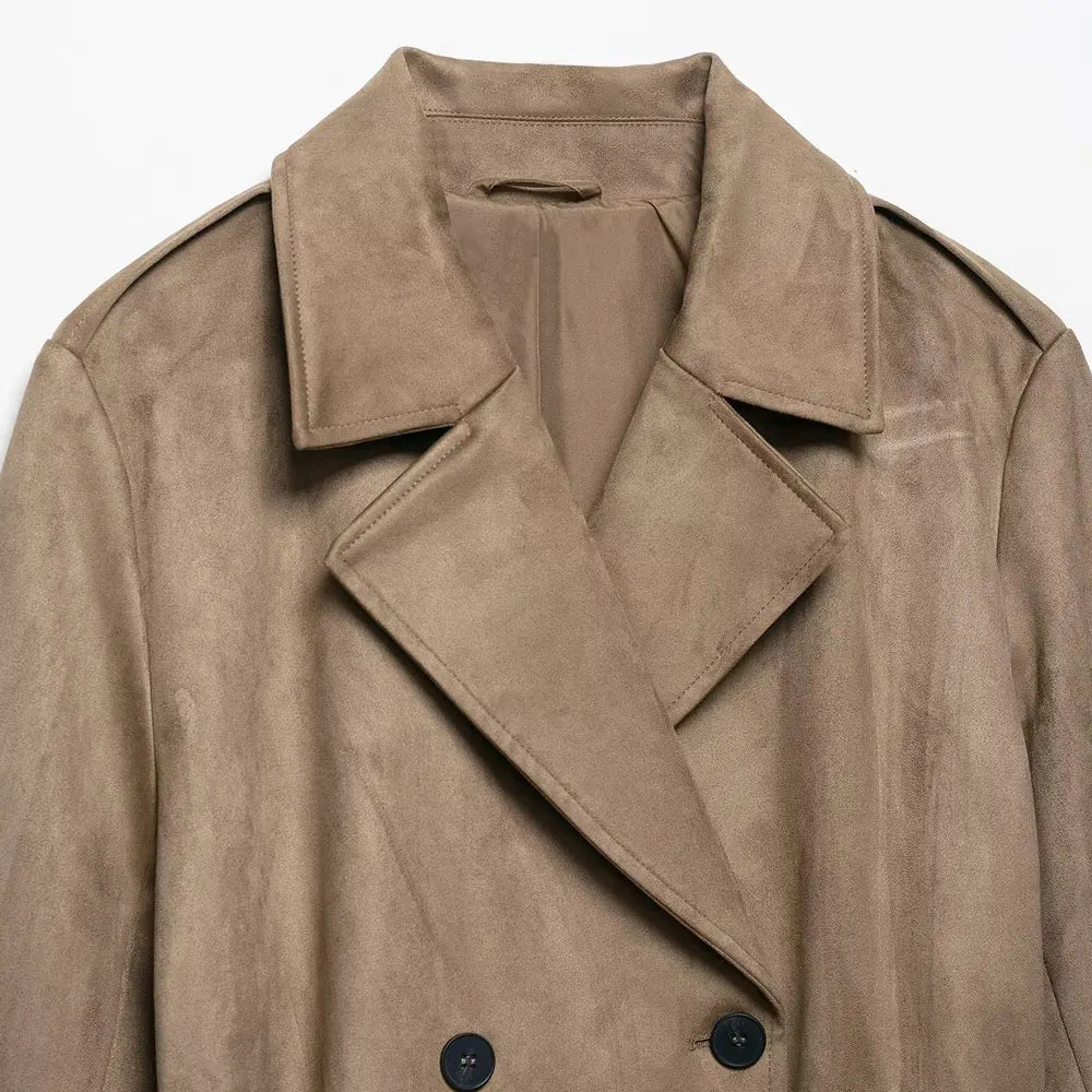Women Fashion With Belt Faux Suede Trench Coat Long Sleeve Double-breasted Female Outerwear Chic Tops