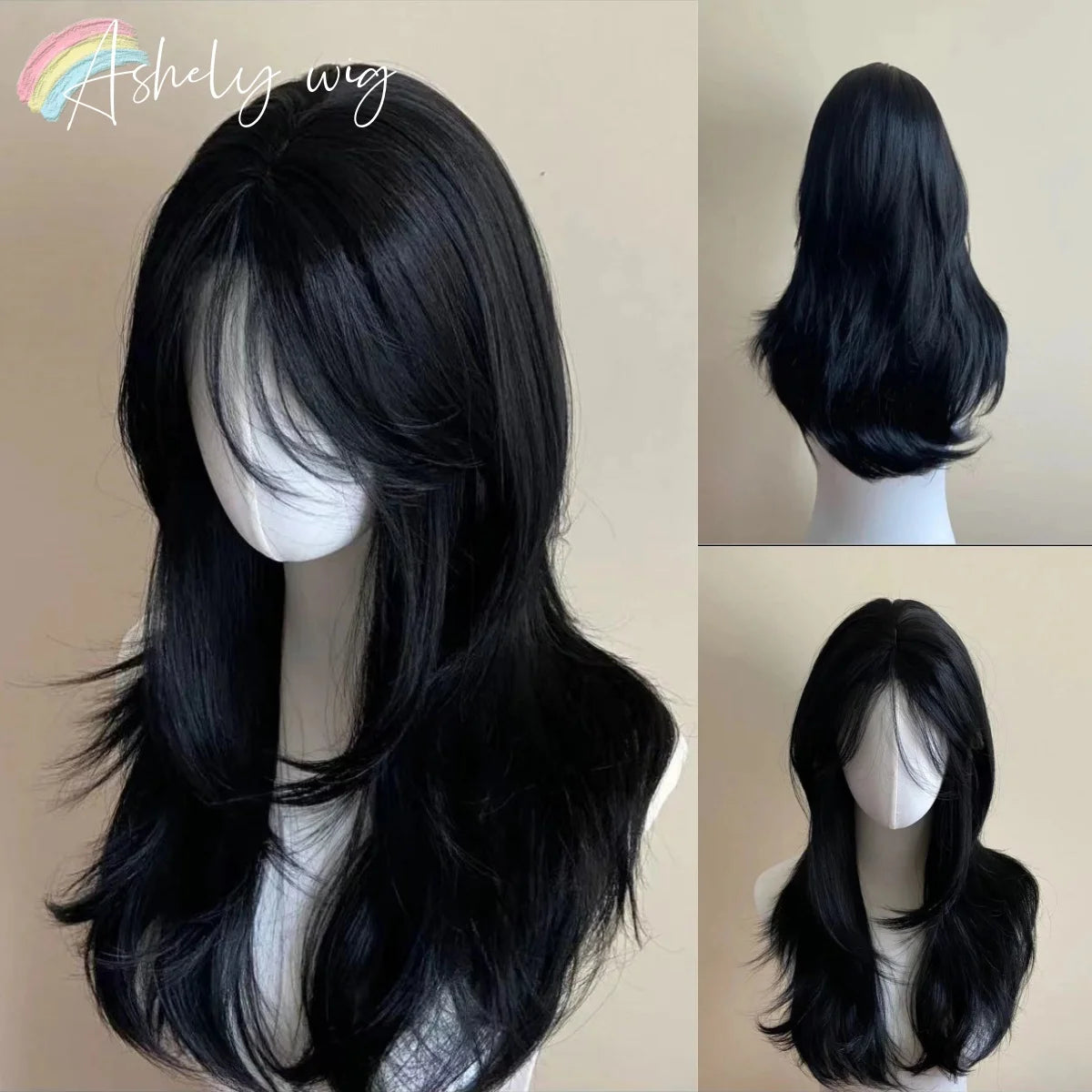 Ashely Black Wig Female Headband Body Wavy Rose Hair Net Models in French Bangs High Quality Simulation Hair Synthetic Wig 가발