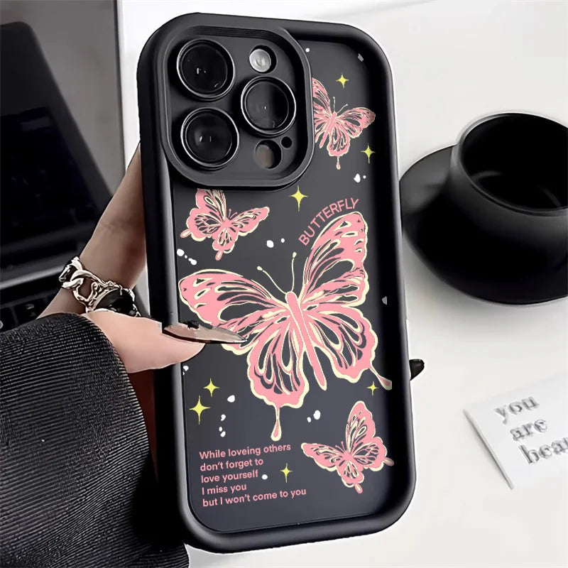 Black Butterfly Silicone Phone Case For iPhone 11 13 14 12 15 17 16 Pro Max XR XS X 7 8 Plus SE 2020 2022 Candy Color Soft Cover