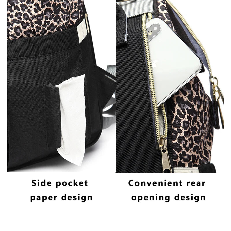 LEQUEEN Leopard Print Women Backpacks Multifunction Ladies Shoulder Backpack Large Capacity Mommy Bags Baby Changing Diaper Bags