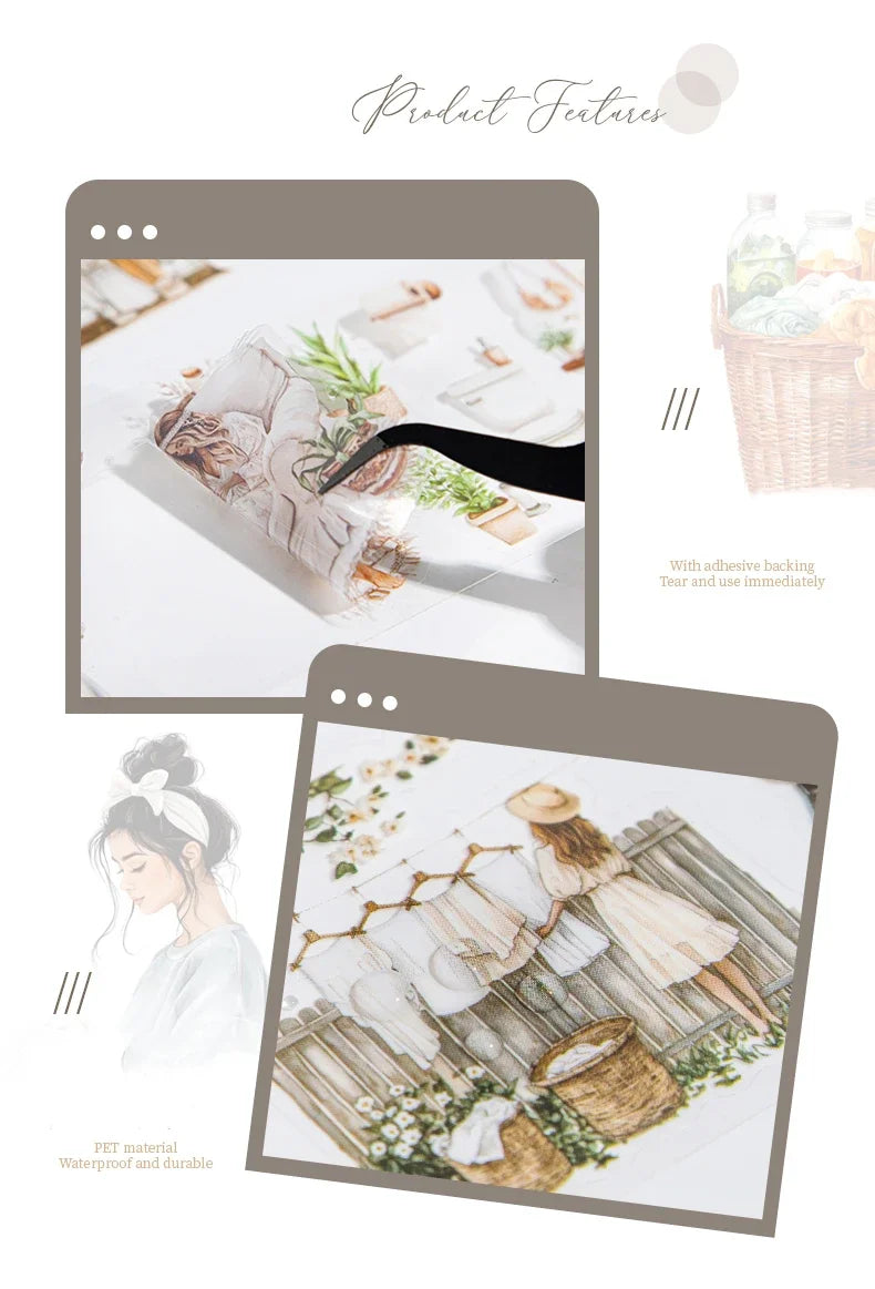 JIANWU 60mm*200cm Weekend Daily Series Vintage Character Life Landscaping Material Collage PET Tape Creative Journal Stationery