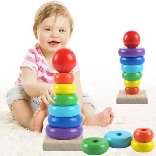 Rainbow Stacking Ring Tower Montessori Wooden Puzzle Toys Pyramid Nesting Blocks Geometric Games Children Early Education Toys