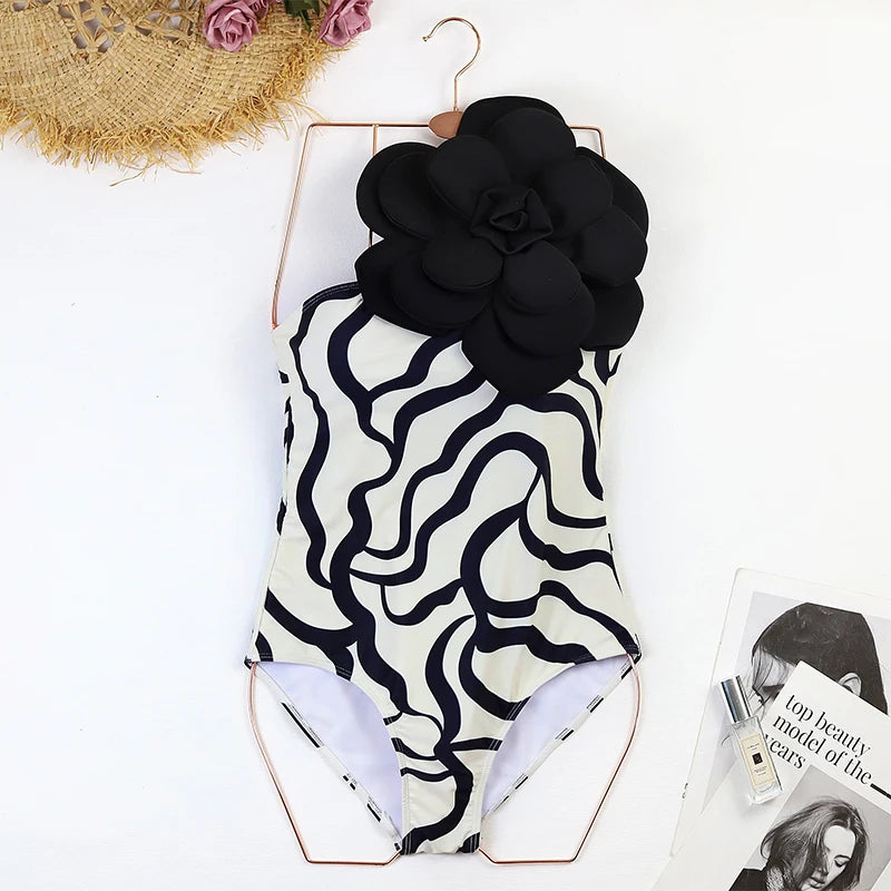 2024 Sexy Sling Ruffle Solid Two Pieces Bikini Women High Waist 3D Flower Swimsuit Skirt Summer Backless Beachwear Bathing Suit