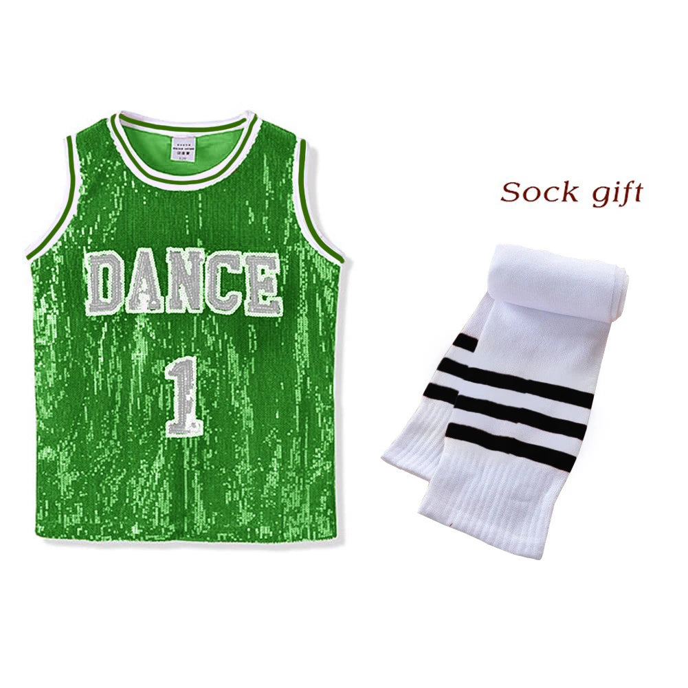 LOlanta Girls Hip Hop Dance Clothes Kids Jersey Sequin Dress Long Tank Top Jazz Cheerleading T-Shirt