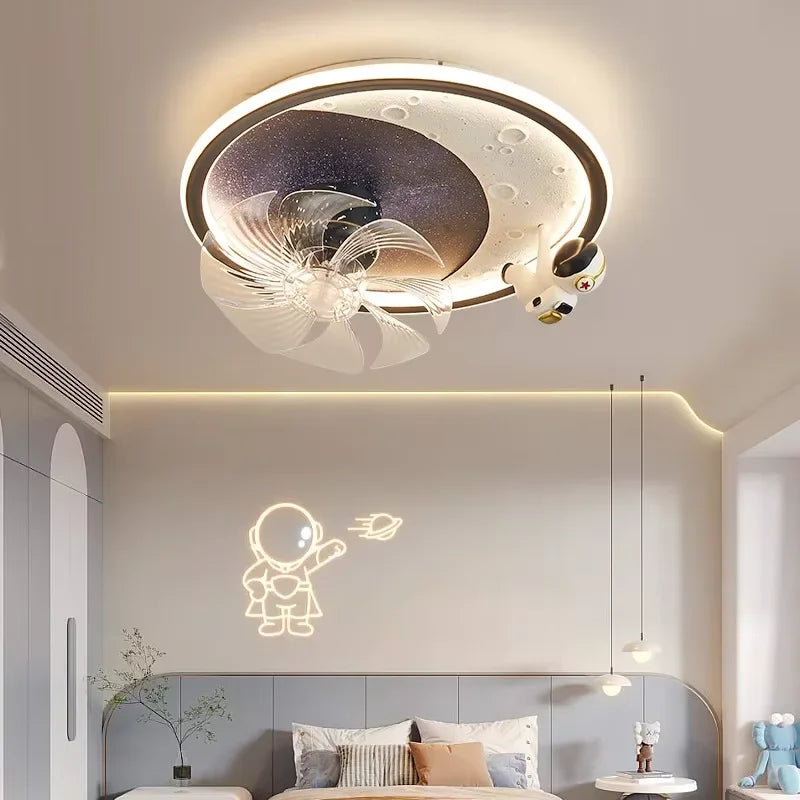 Modern Kids Room Ceiling Fan Light Cartoon Moon Astronaut Ceiling Lamp Boy Girl Bedroom Nursery Study Chandelier Ceiling Lights