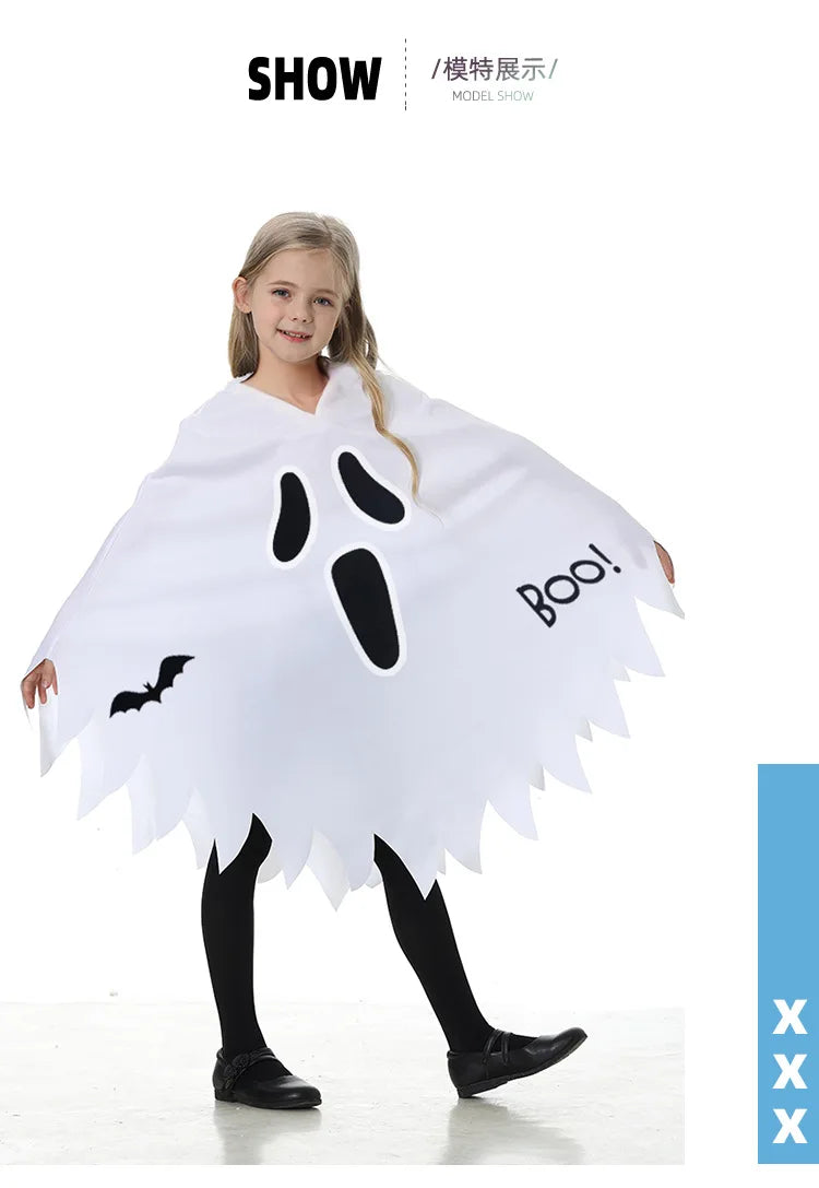 Halloween children's costumes - glowing white scream ghost face, ghost cape, party dress, dance costume