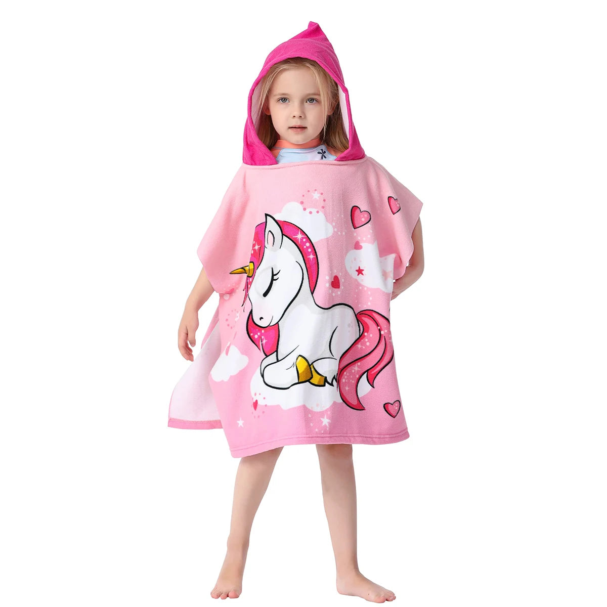 60-120cm Kids Hooded Bath Beach Poncho Towels Baby Quick Dry Bathrobe Child Cartoon Cloak Poncho Towels Microfiber Swim Cover-up