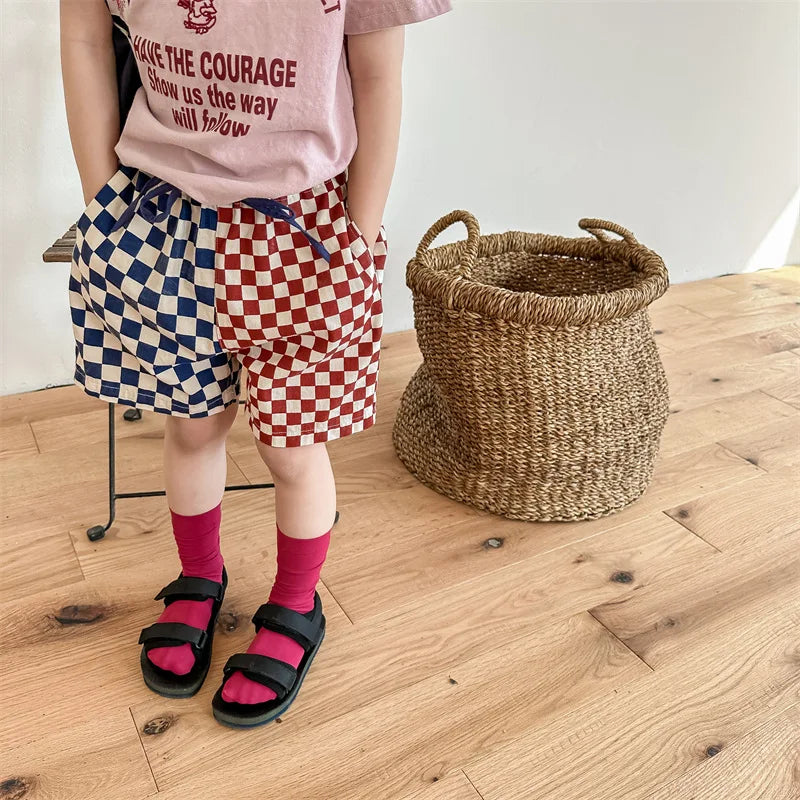 deer jonmi 2023 Summer Korean Style Children Plaid Patchwork Shorts Baby Boys Casual Chic Loose Shorts Kids Clothes