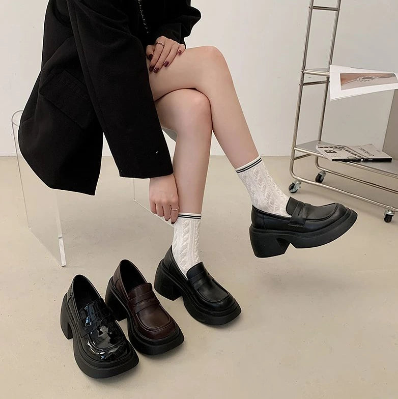 Ladies Pumps Evening Women's Shoes Luxury Leather Casual Cute Kawaii Platform Square Heels Round Toe Shoe Lastest High Quality E