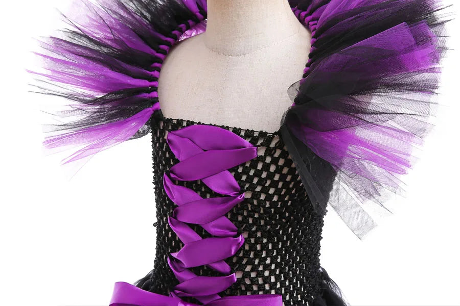 Halloween Costume For Kids Black Purple Witch Dress Luxury Lace Evil Role Playing Costume Maleficent Dress Up Outfit Tulle Dress
