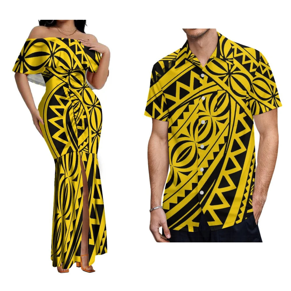 Polynesian Couple Set Custom Women'S One-Line Shoulder Lotus Skirt Men'S Short-Sleeved Shirt Banquet High-Quality Dress