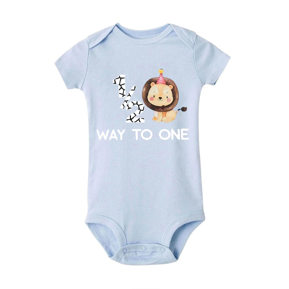 1/2 Way To One &lion Pattern Print Baby Boys Romper Baby's Half Birthday Short Sleeve Bodysuit Birthday Party Infant Clothing