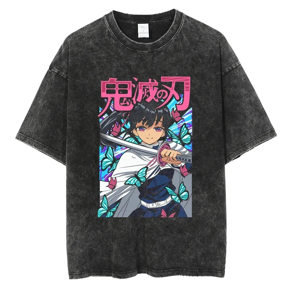 Hot Anime Demon Slayer Kokushibo Graphic T-Shirt Men Women Manga Tshirts Washed Cotton T Shirt Harajuku Unisex Vintage Top Tees