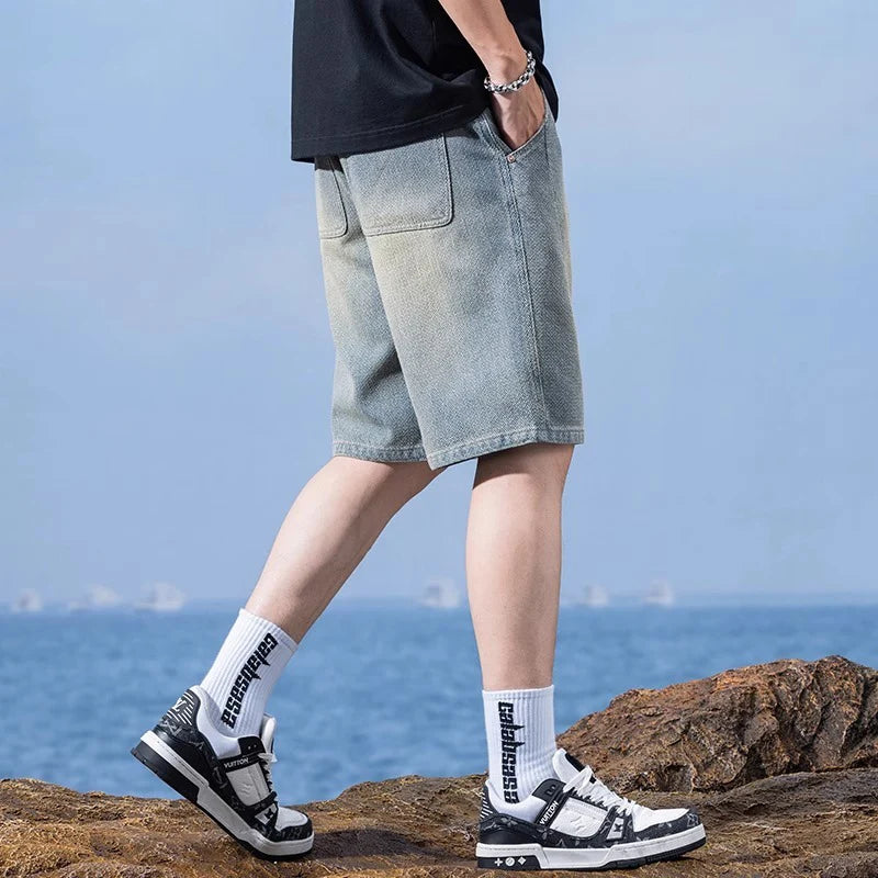 Men Trend Starry Sky Pattern Jeans Male Summer American Vintage Lightweight Breathable Denim shorts Loose Straight Casual Shorts