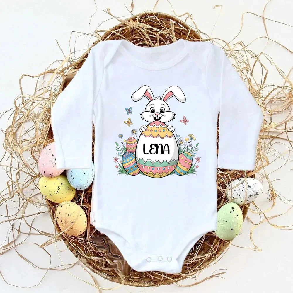 Personalized Easter Romper Easter Bunny Romper Custom Name Baby Girls Cute Outfit Newborn First Easter Party Clothes