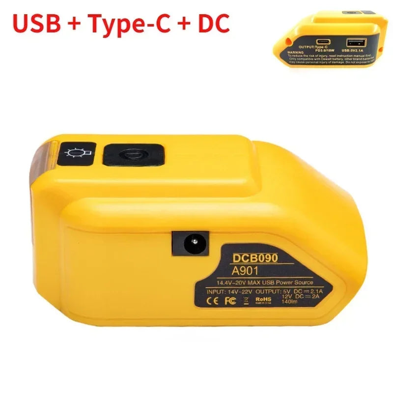 Replacement DCB090 Power Source For Dewalt 20V 18V Battery Adapter with Dual USB DC 12V LED Work Light Converter Power Supply