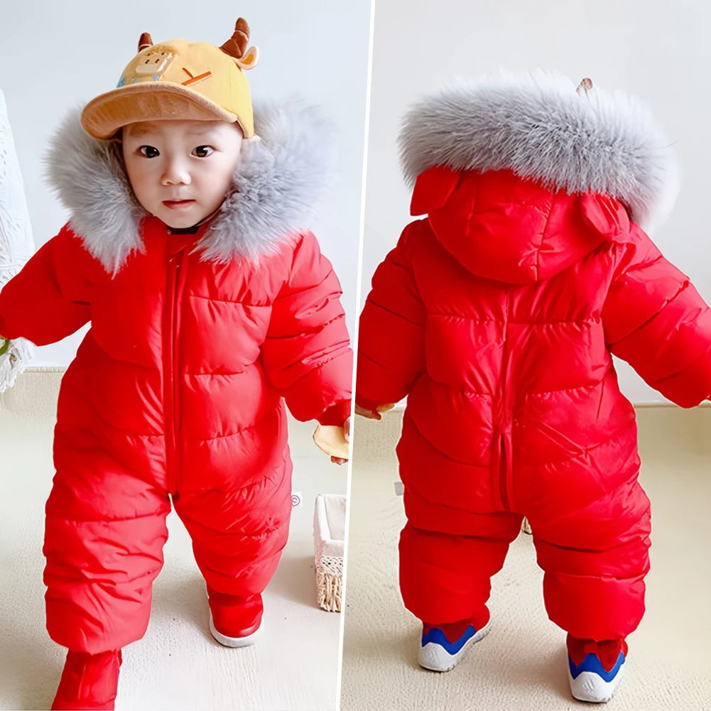 Baby Fur Hooded Jumpsuit,Waterproof -30 Degrees Snowsuits,Toddler Children's Winter Overalls,Infant Boys Girls Down Jacket 1-3T