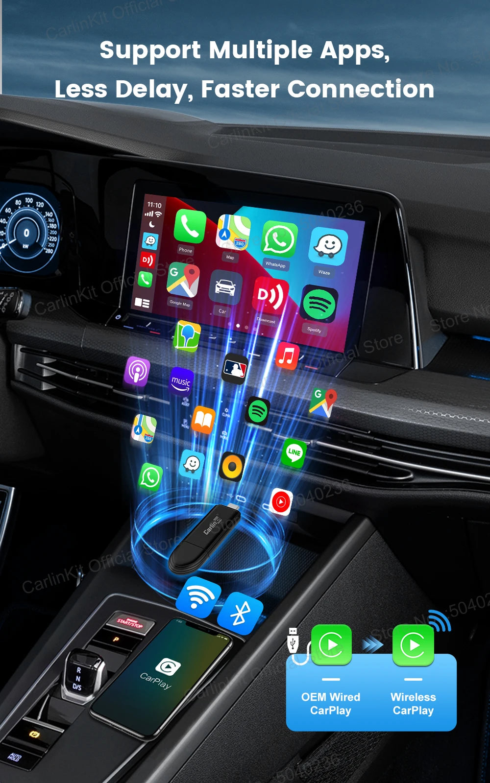 CarlinKit Mini 5 CarPlay Wireless USB Dongle Plug &Play Split Screen Wired To Wireless Adapter For Benz Kia Volvo Mazda MG Ford