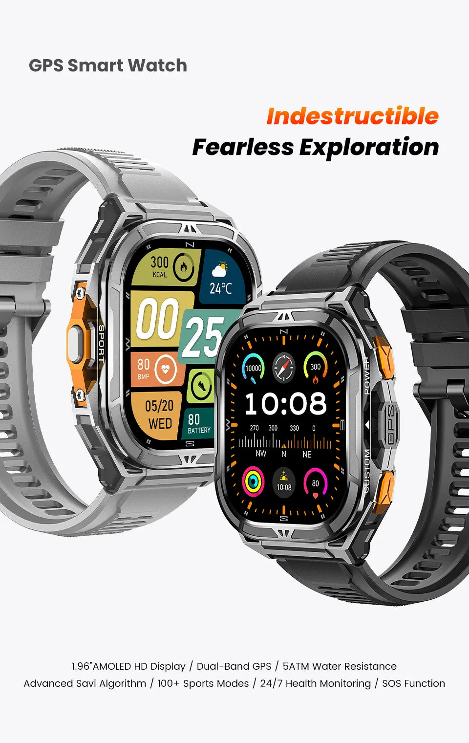 2025 NEW TANK X5 Smartwatch 5ATM Waterproof GPS Dual-Frequency tracking 1.96" AMOLED 530mAh Compass 170+ Sports Fitness Tracker