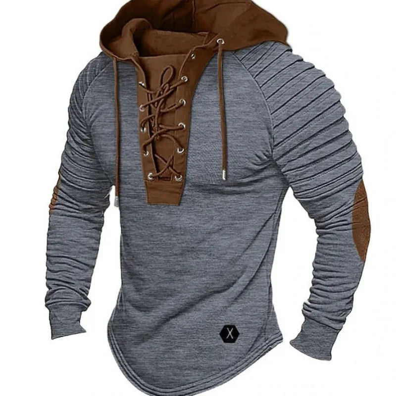Men’s Lace-Up Hoodie Long Sleeve Pullover Slim Fit Sweatshirt Ribbed Arm Patchwork Design Off White Streetwear Tops