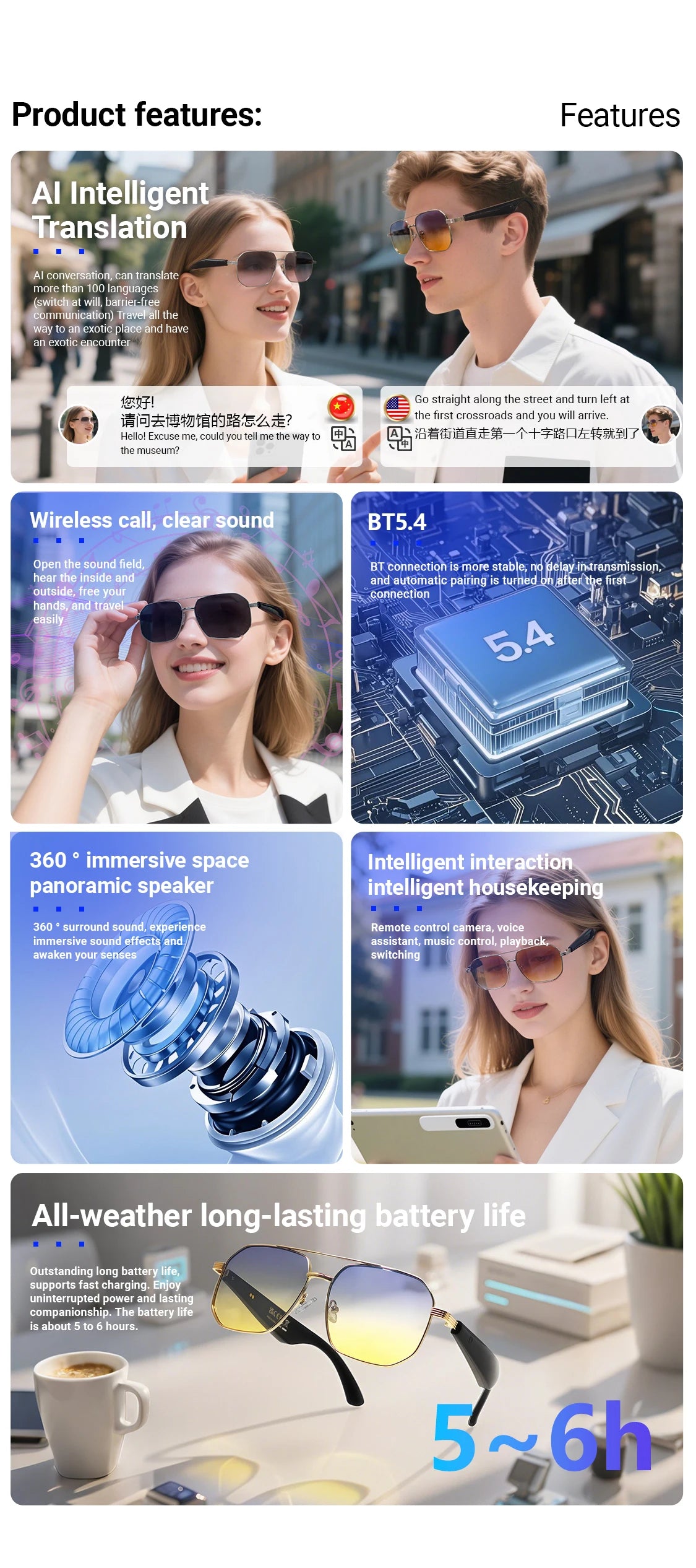 GY300 smart glasses Intelligent WirelessTranslation Glasses Sunglasses Voice Remote Control Music Eyewear Waterproof Eyeglasses