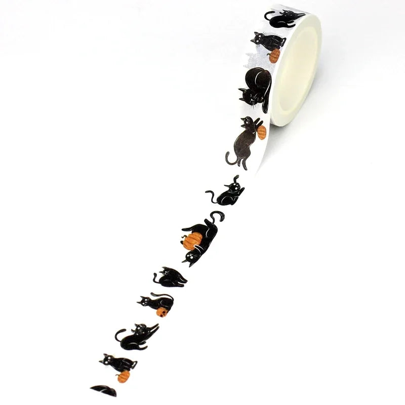 1pc 10M Deco Bat Rose Skull Black Cat Haunted House Halloween Masking Washi Tape Set for Scrapbooking Cute Journal Stationery